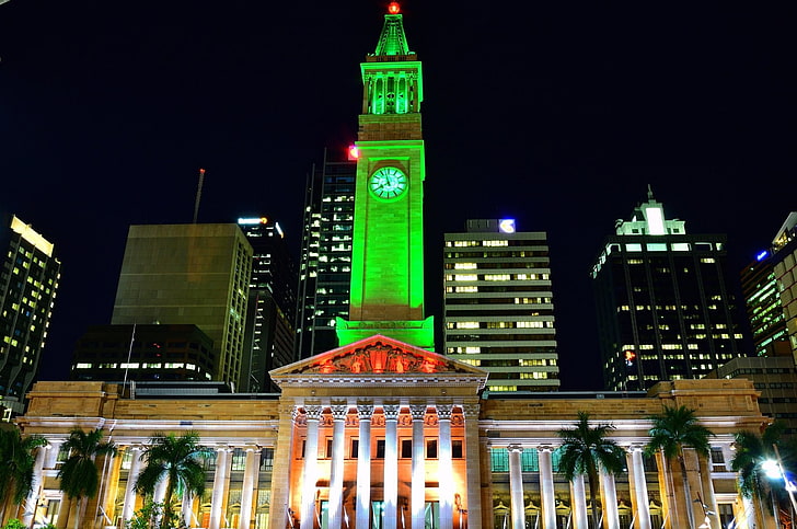 Buildings, Brisbane City Hall, Australia, Clock, Light, Night