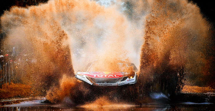 Water, Auto, Sport, Machine, Speed, Dirt, Puddle, Peugeot, Squirt