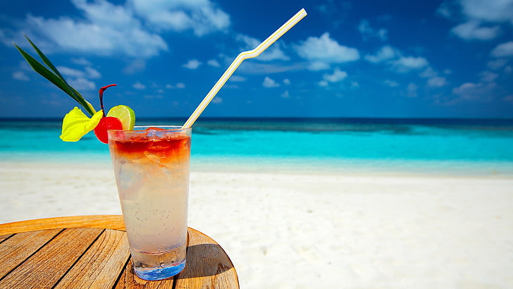 clear drinking glass with white bendable straw, summer, sea, beach, HD wallpaper