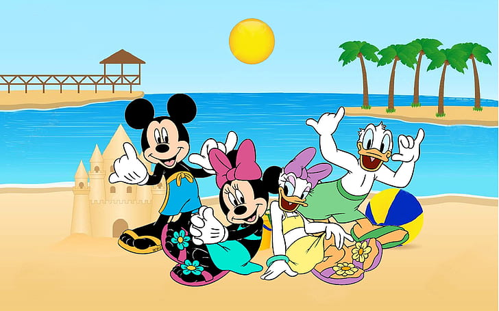 Holiday Along With The Heroes Of Disney Mickey Minnie Donald And Daisy On The Beach Desktop Hd Wallpaper For Mobile Phones Tablet And Pc 2560×1600, HD wallpaper