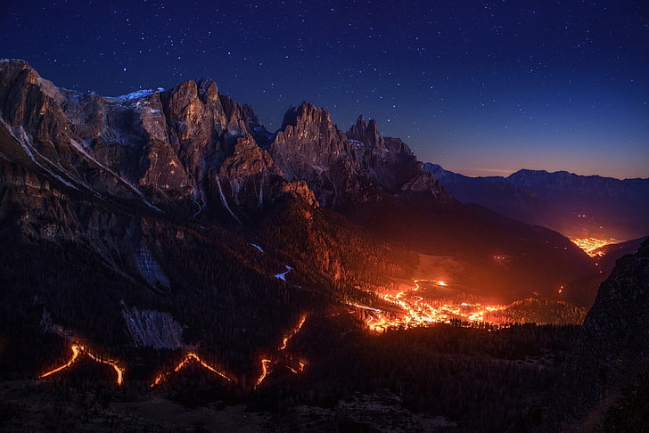 mountain with flowing lava, fire, stars, sky, night, valley, mountains