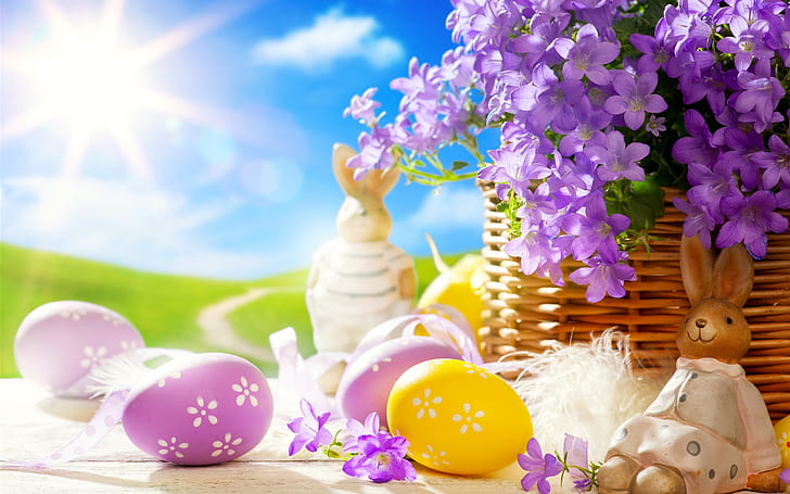 Easter, spring, eggs, Bunny, flowers, easter egg illustration, HD wallpaper