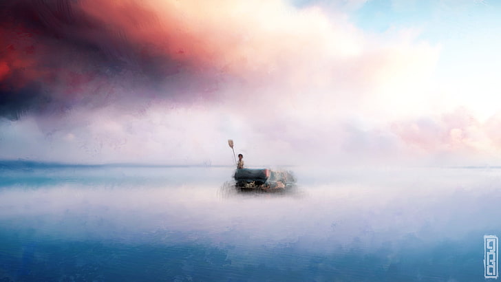 artwork, sea, sky, fantasy art, water, horizon over water, nautical vessel