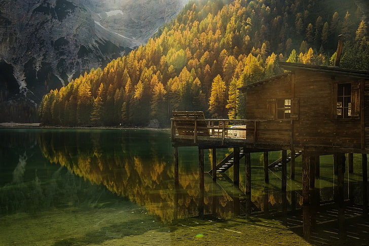 brown cabin, landscape, nature, fall, forest, mountains, lake