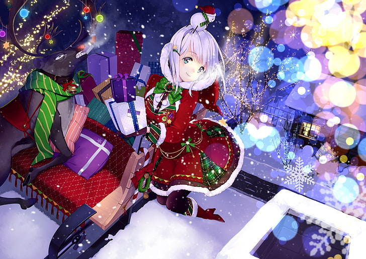 anime, anime girls, Santa costume, Christmas, original characters, HD wallpaper