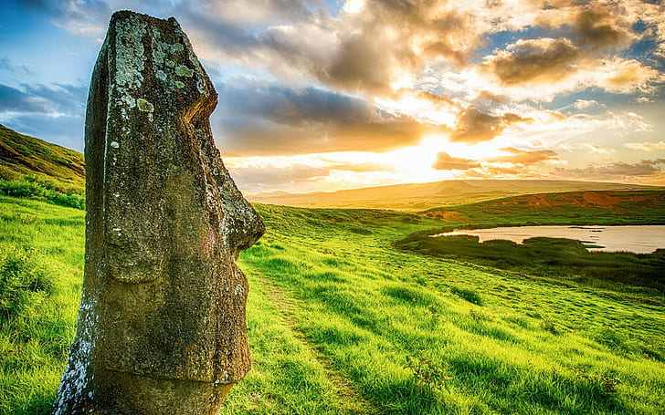 Landscape, Nature, Moai, Rapa Nui, Easter Island, Archeology, Statue, Sunset, Beach, Clouds, Sea, Chile, Grass, Enigma, Hill, World Heritage Site, HD wallpaper