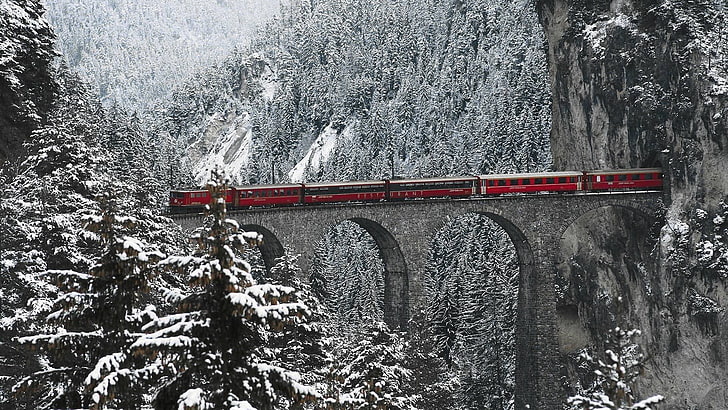 red train, snow, bridge, Engadin Valley, Swiss Alps, transportation