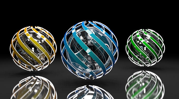 Spiral Orbs, three light balls, Artistic, 3D, sphere, reflection