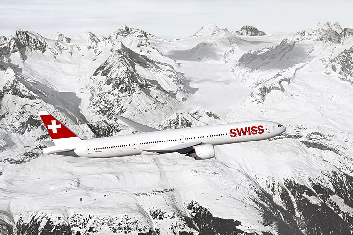 white Swiss airplane, the sky, snow, mountains, rocks, engine