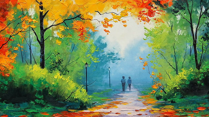 fall, painting, trees, street light, Graham Gercken, path, park, HD wallpaper