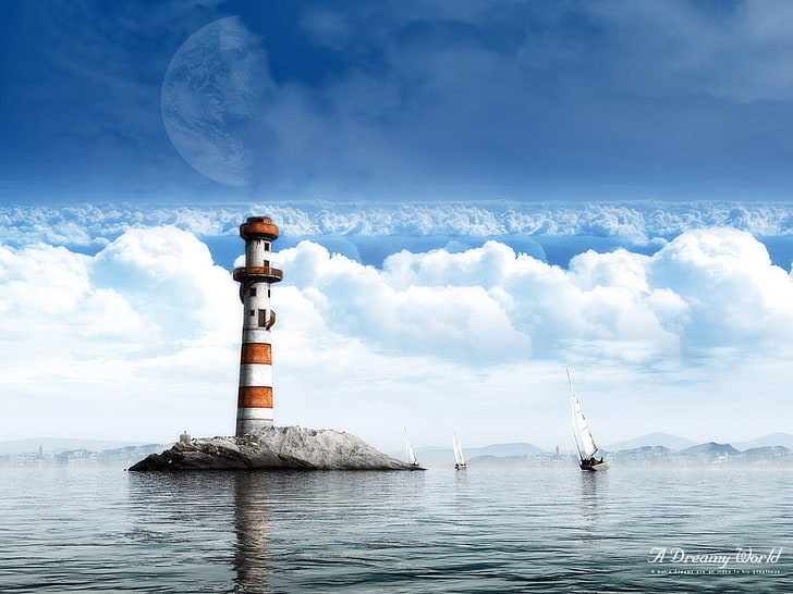 Dreamy Watch Tower World, sky, water, cloud - sky, guidance, sea, HD wallpaper