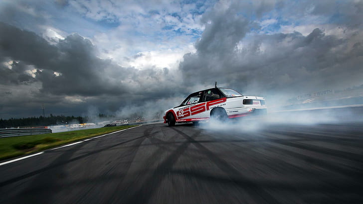 BMW E30 drift, white-and-red stock car, cars, 1920x1080, HD wallpaper