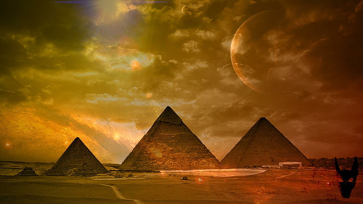 piramid, pharaon, yellow, orange, dark, sun, moon, space, history, HD wallpaper