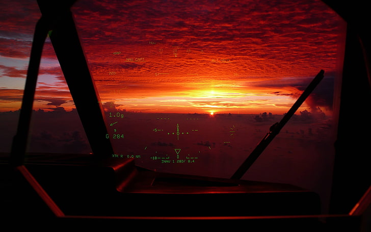 sunset, aircraft, cockpit, HUD, clouds, vehicle, orange color