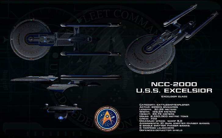 black NCC-2000 U.S.S. Excelsior with text overlay, Star Trek