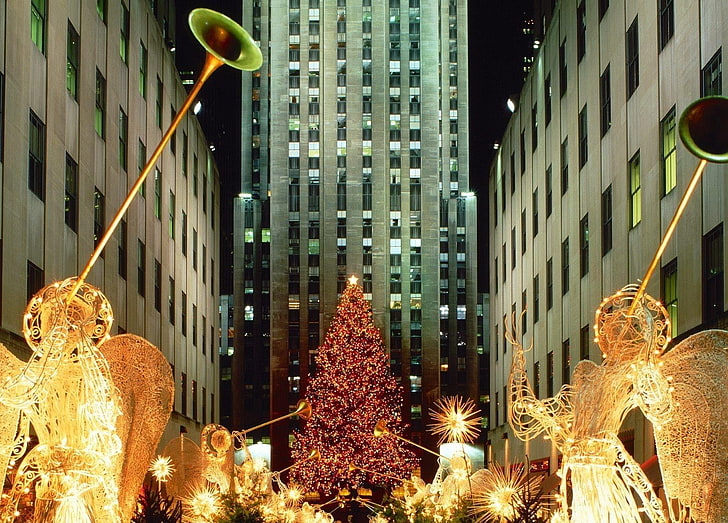 Rockefeller Center Tree, garland, figurines, skyscrapers, city, HD wallpaper