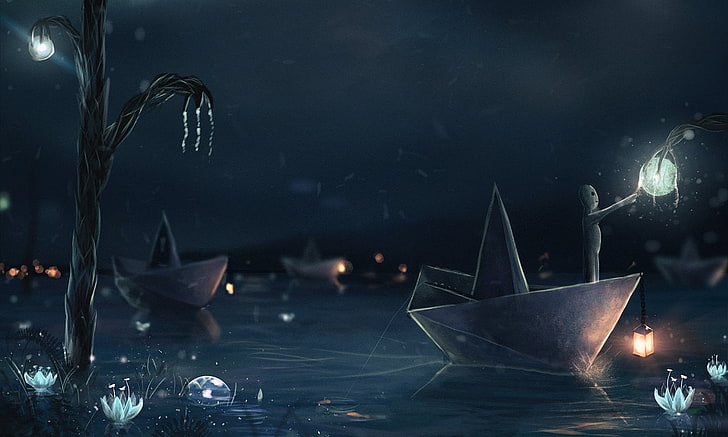 fishing rod, Sylar, paper boats, lantern