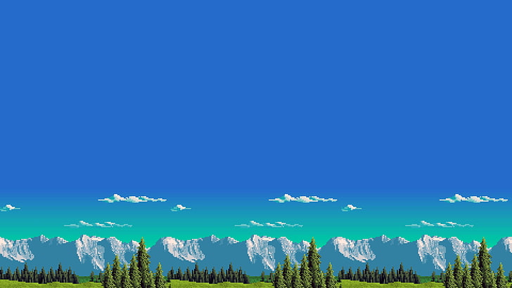 pine trees, retro games, mountains, 8-bit, sky, blue, copy space