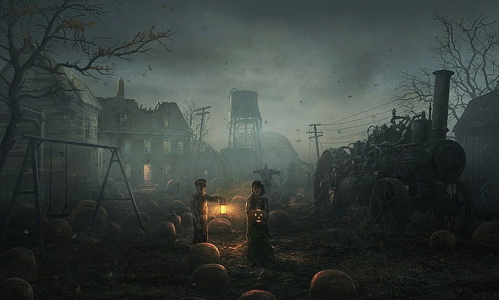 boy and girl in the middle ruins with Jack-o'-lanterns digital wallpaper