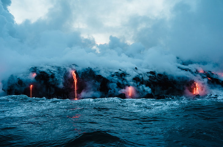 eruption, volcano, water, lava, sky, nature, motion, beauty in nature