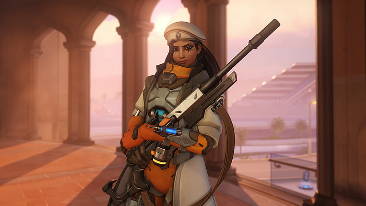 woman holding weapon wallpaper, Ana (Overwatch), screen shot, HD wallpaper