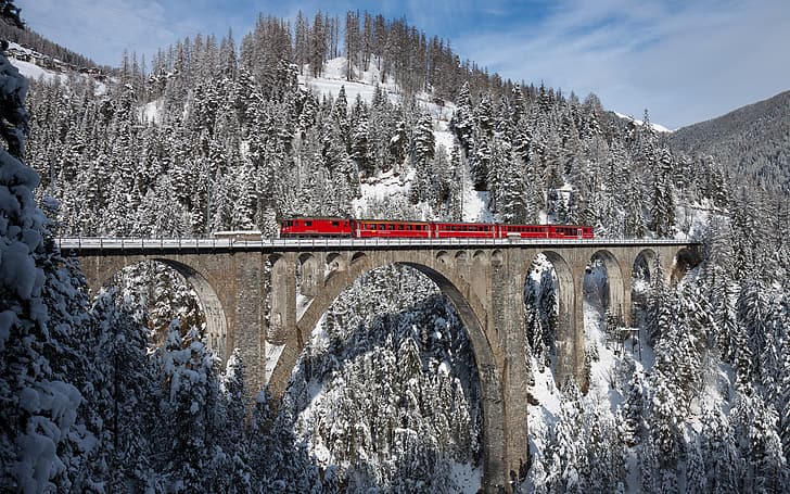 landscape, Swiss Alps, Switzerland, train, mountains, bernina express, HD wallpaper
