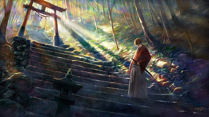 Samurai X Rurouni Kenshin digital wallpaper, digital art, fantasy art