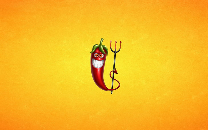 Chilli Peppers, devils, digital art, humor, minimalism, Pitchforks, HD wallpaper