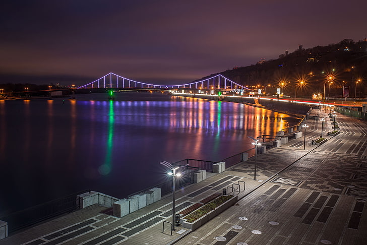 river, lights, Ukraine, Kiev, night city lights, Park bridge, HD wallpaper
