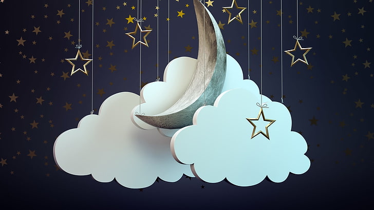 silver crescent and white clouds hanging decor, digital art, nature