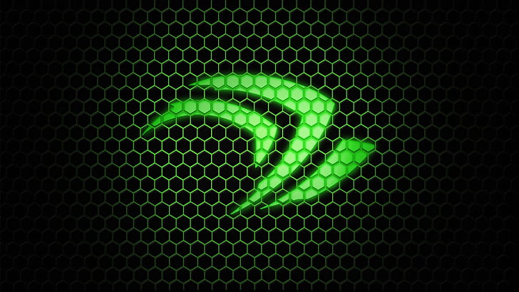 Green Nvidia logo, hexagon background, green logo, HD wallpaper