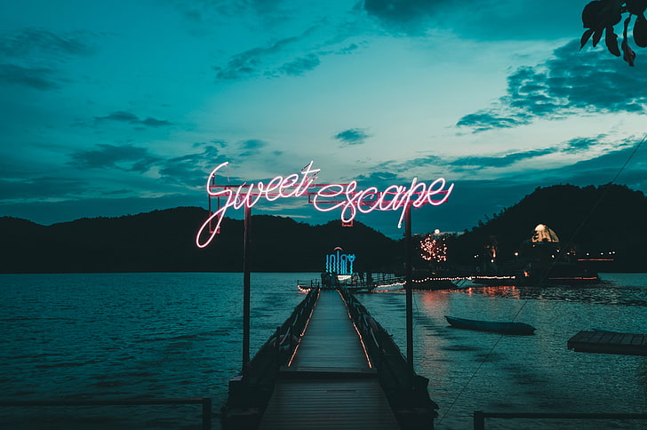 Sweet Escape neon sign, sea, inscription, signboard, pier, sky, HD wallpaper