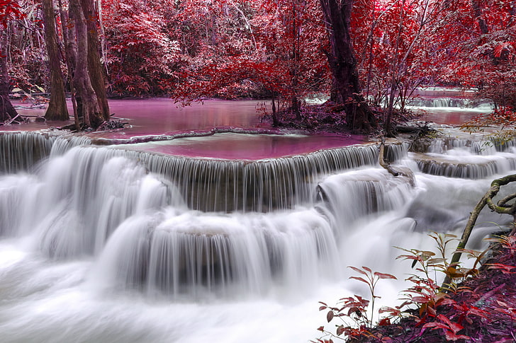 body of water, autumn, flow, purple, river, waterfall