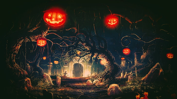 trees and castle digital wallpaper, Halloween, Terror, night