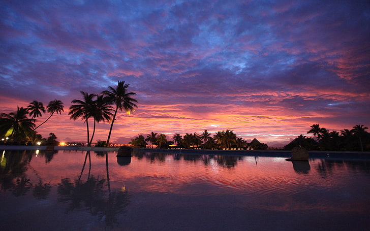 Bora Bora Beach French Polynesia Sunset Red Sky Sky Clouds Palm Trees Bungalows Wooden Houses Of Pillars Reflection Desktop Hd Wallpaper 5425×3391