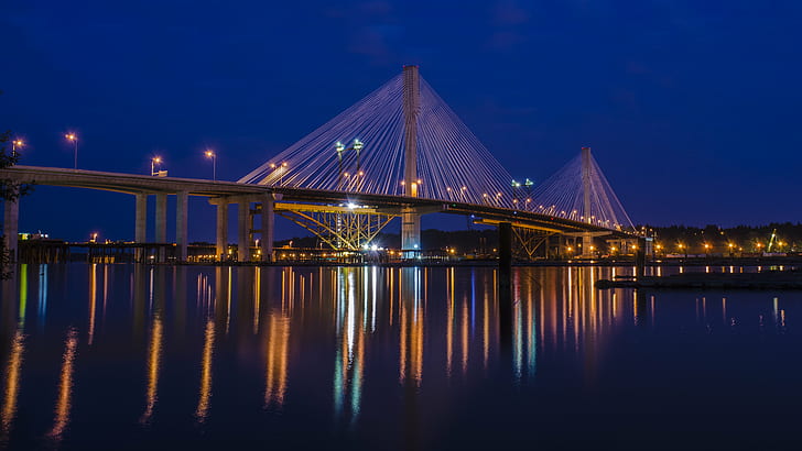lighted bridge during nighttime, port mann bridge, port mann bridge, HD wallpaper