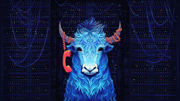 blue animal illustration, artwork, digital art, yaks, telephone, HD wallpaper