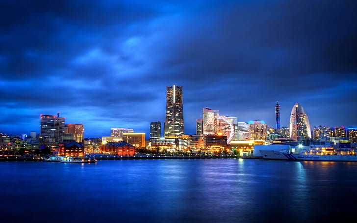 Japan, Yokohama, Kanagawa Prefecture, city at night, ferris wheel, skyscrapers, lights