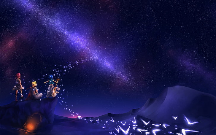 Aladdin (Magi), Alibaba Saluja, Morgiana, stars, night, illuminated, HD wallpaper