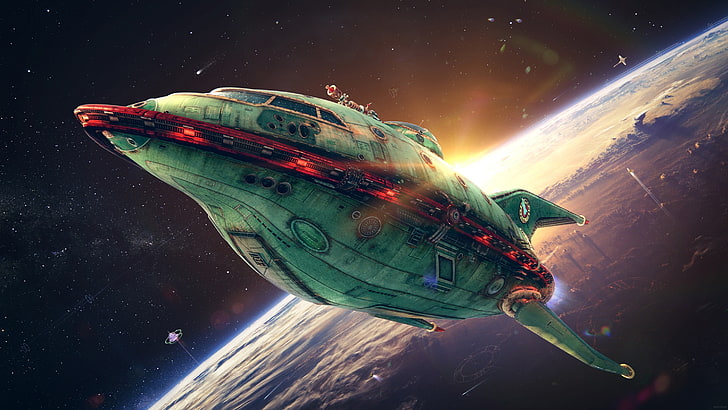 green and red spaceship illustration, Futurama, planet express