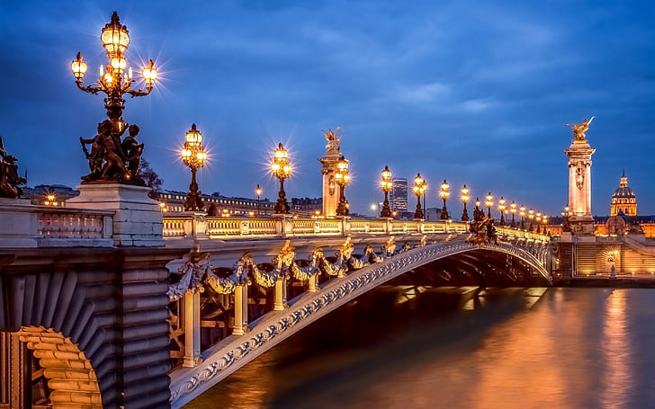 Paris, France, city, evening, lights, Pont Alexandre III, bridge