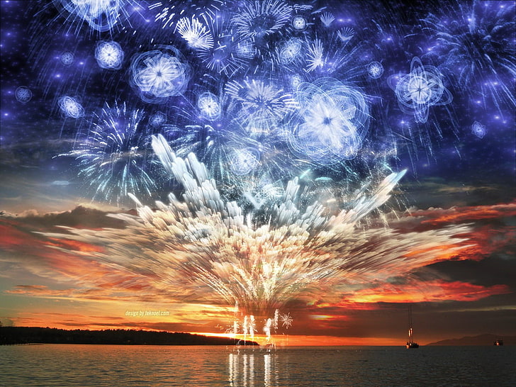 Hd Wallpaper Fireworks Display Illustration Lake Treatment Salute Firework Display Wallpaper Flare