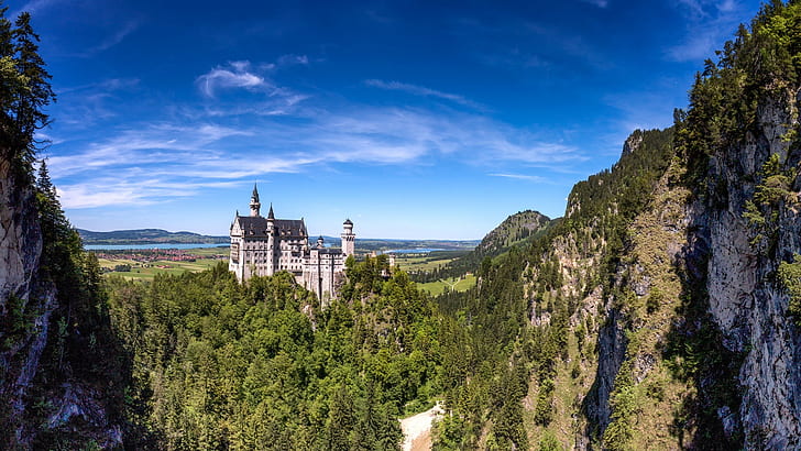 Germany, Bavaria, Neuschwanstein castle, mountains, trees, blue sky, neuschwanstein castle in germany