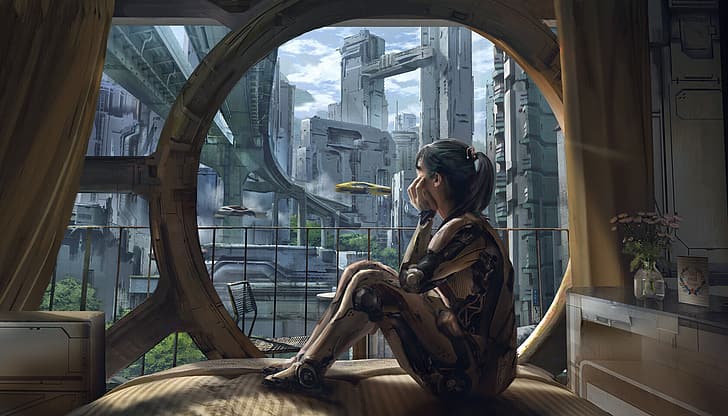 Eddie Mendoza, science fiction women, digital art, futuristic city, HD wallpaper