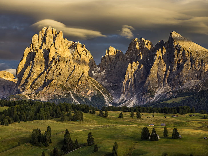 brown mountain and green field, alpe di siusi, italy, nature, HD wallpaper