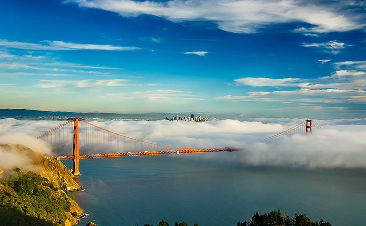 San Francisco Bridge in fog, the Golden Gate, the sky, bay, clouds, HD wallpaper