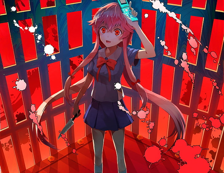 angry, face, open mouth, Mirai Nikki, Gasai Yuno, anime, anime girls,  yandere, red background, simple background