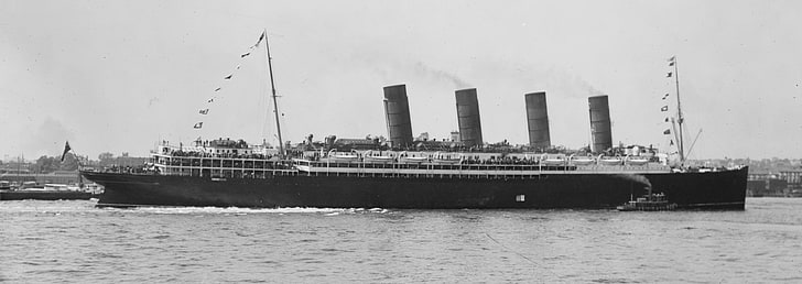 black cruise ship, monochrome, RMS Lusitania, vintage, vehicle