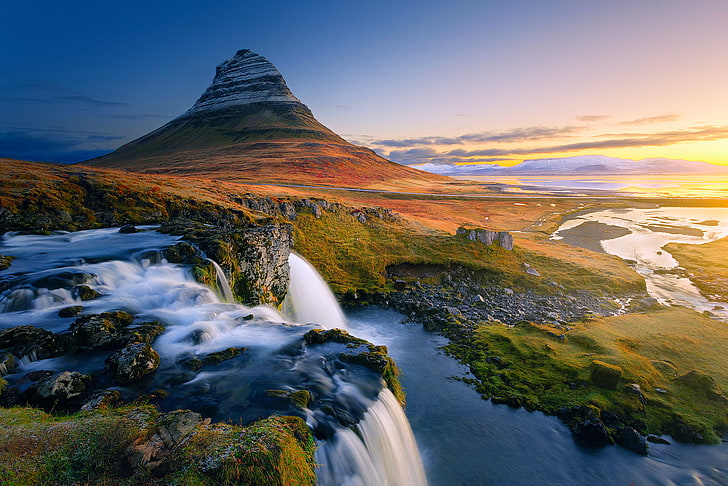 brown mountain, waterfalls, Iceland, mountain Kirkjufell, scenics - nature