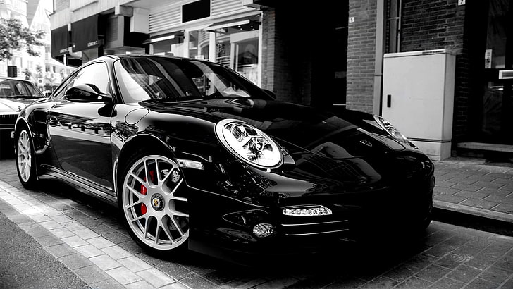 black coupe, car, Porsche, Porsche GT3 , selective coloring, vehicle